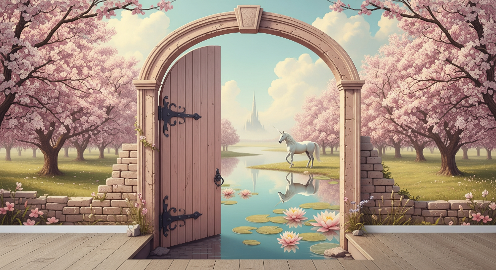 Kids-Mundo flat artwork preview of the cherry blossom wall mural design with a unicorn and pond.