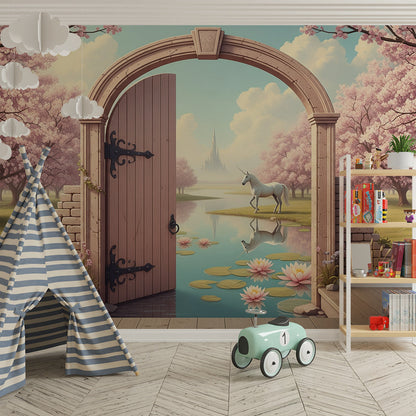 Kids-Mundo cherry blossom garden mural mockup displayed on a bright children's playroom wall.