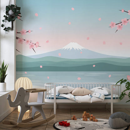 Kids-Mundo cherry blossom and Mount Fuji mural covering a feature wall in a calm kids' bedroom