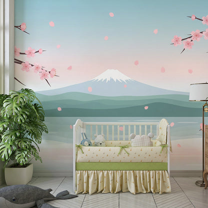 Kids-Mundo cherry blossom mountain wall mural bringing a calm lakeside scene to a playroom
