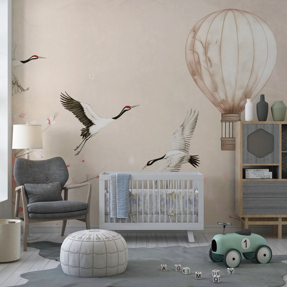 Crane birds and balloon wallpaper creating serene children's bedroom atmosphere