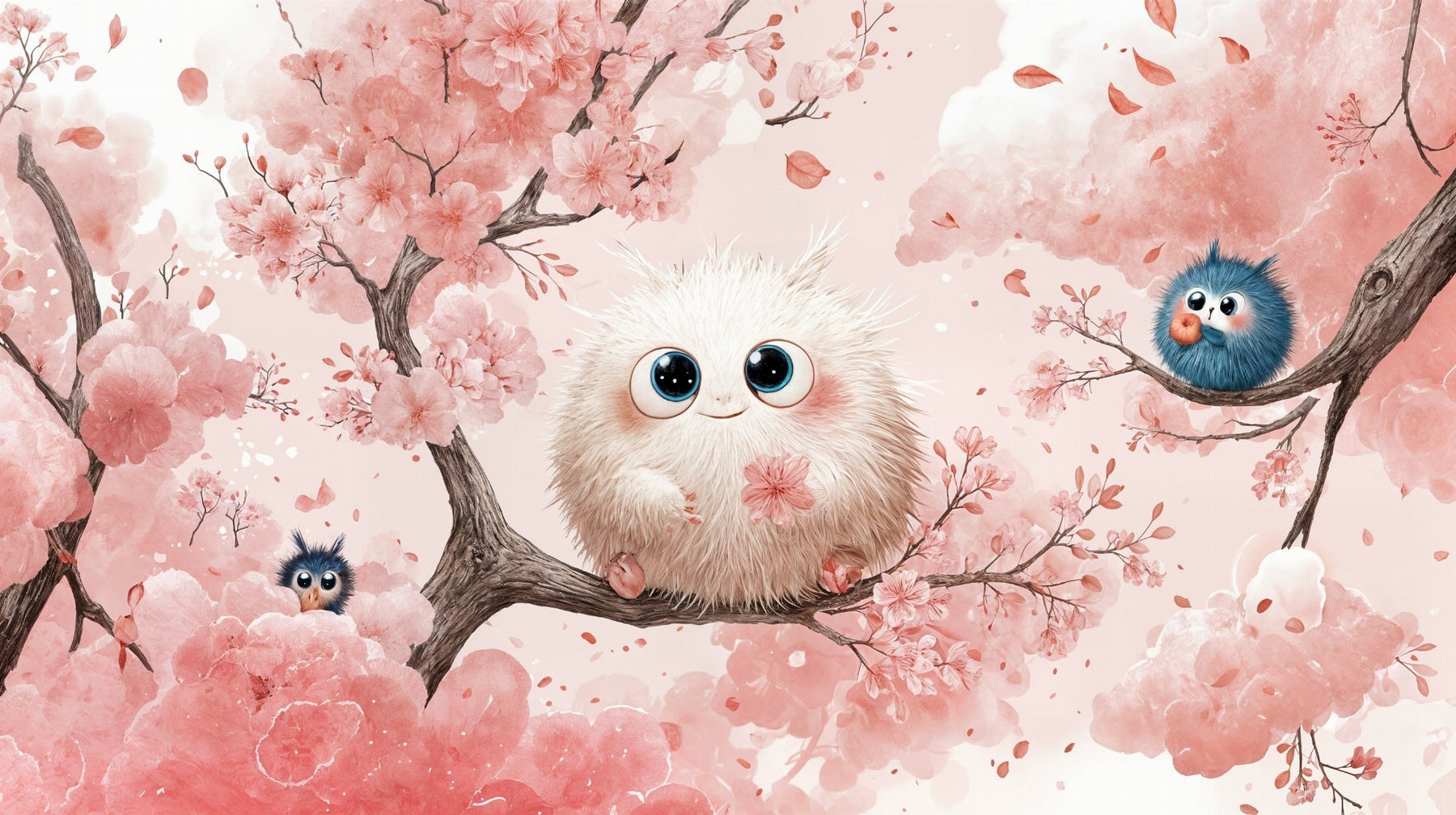 Detailed cherry blossom mural wallpaper design pattern with cute woodland creatures by Kids-Mundo