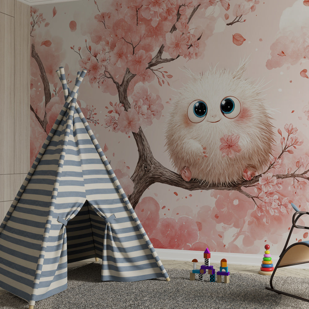 Pink cherry blossom mural wallpaper with fluffy animals enhancing children's playroom decor