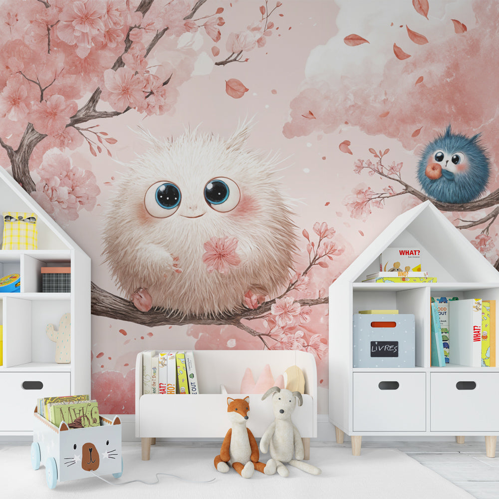 Woodland creatures cherry blossom wallpaper creating dreamy atmosphere in toddler bedroom