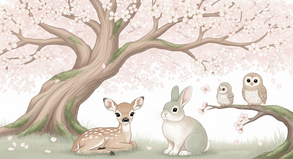 Cherry Blossom Woodland Fawn and Bunny Wall Mural