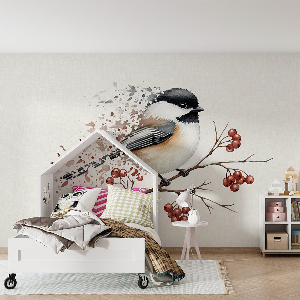 Kids-Mundo chickadee bird watercolour wall mural styled on a kids bedroom wall