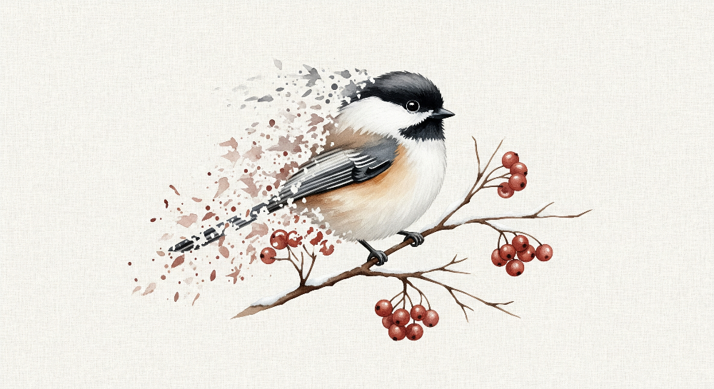Watercolour Chickadee Bird on Branch Wall Mural