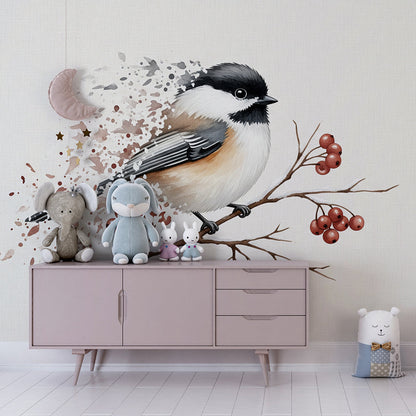 Kids-Mundo chickadee watercolour wall mural bringing a calm nature theme to a playroom