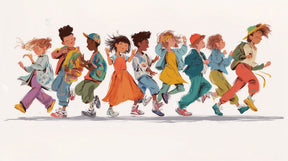 Detailed children dancing mural wallpaper design pattern showing colorful kids illustration by Kids-Mundo