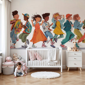 Children dancing mural wallpaper creating joyful nursery atmosphere by Kids-Mundo