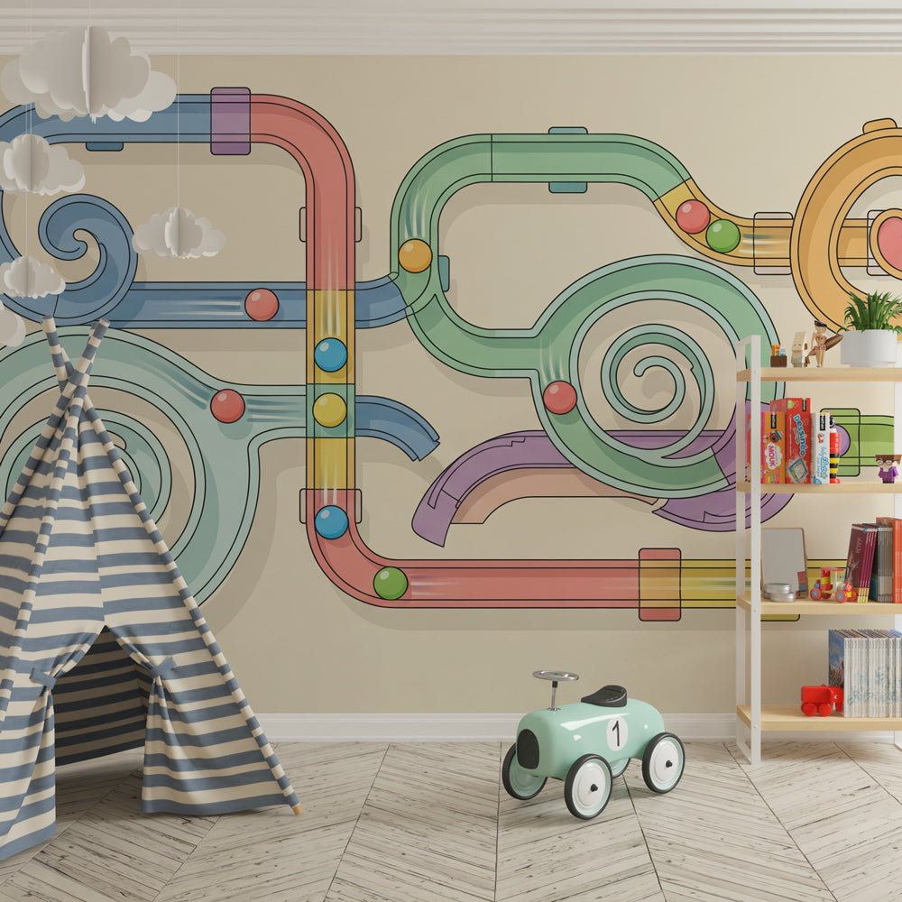 Colorful race track wallpaper transforming children's bedroom into interactive play space