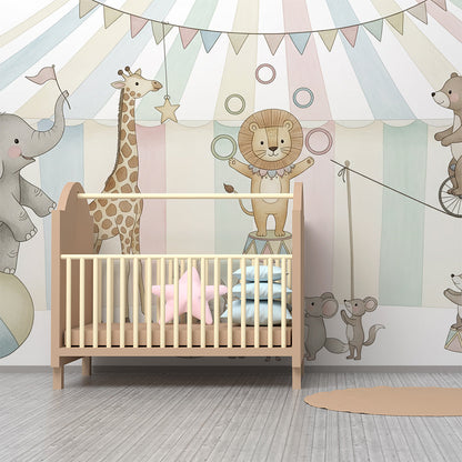 Kids-Mundo circus parade wall mural with lion and bear in a children's bedroom