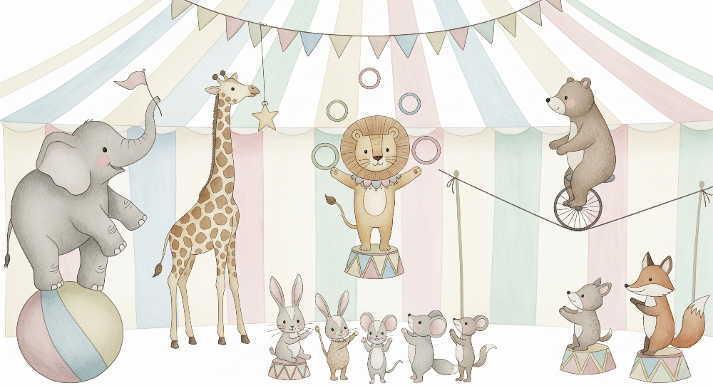 Kids-Mundo flat artwork of a watercolour circus parade with elephant, giraffe and lion