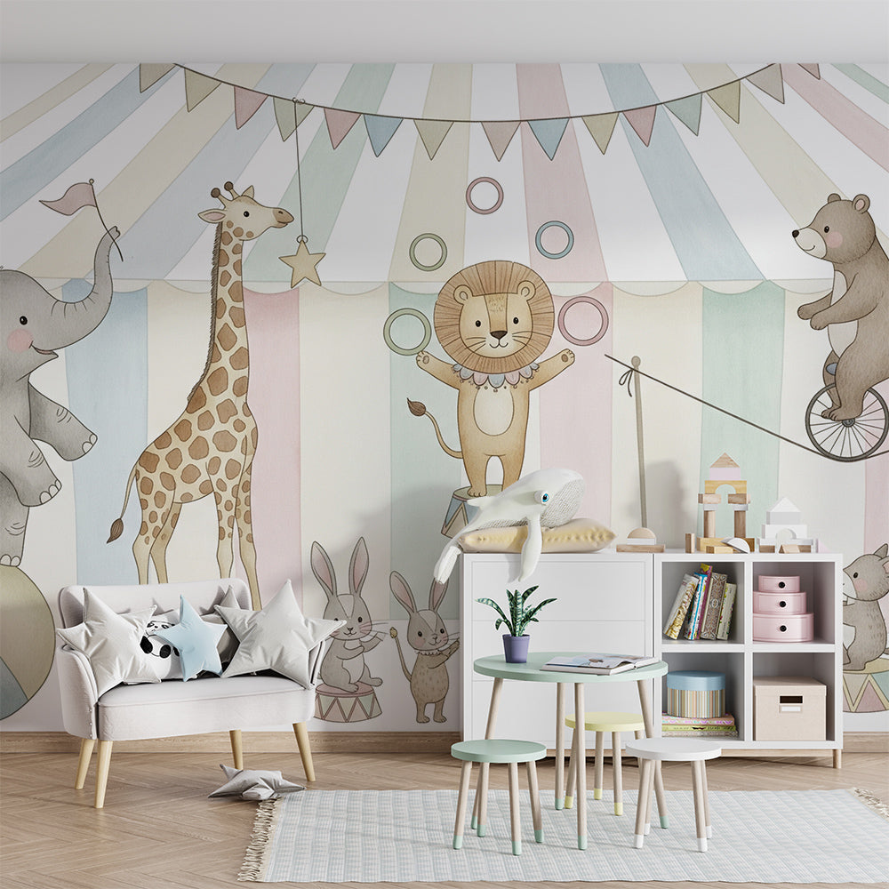Kids-Mundo big top circus wall mural with parade animals in a playful playroom
