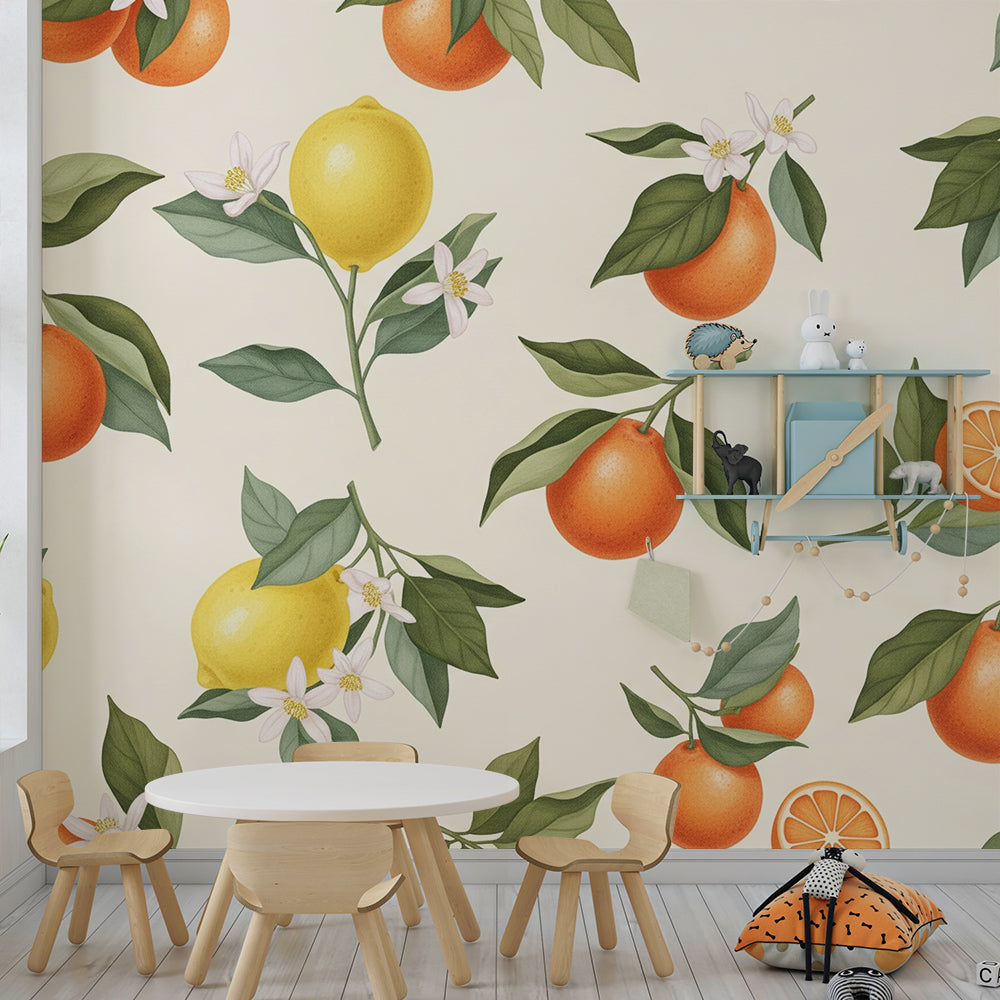 Kids-Mundo citrus wall mural on a wall in a sunny children's playroom corner