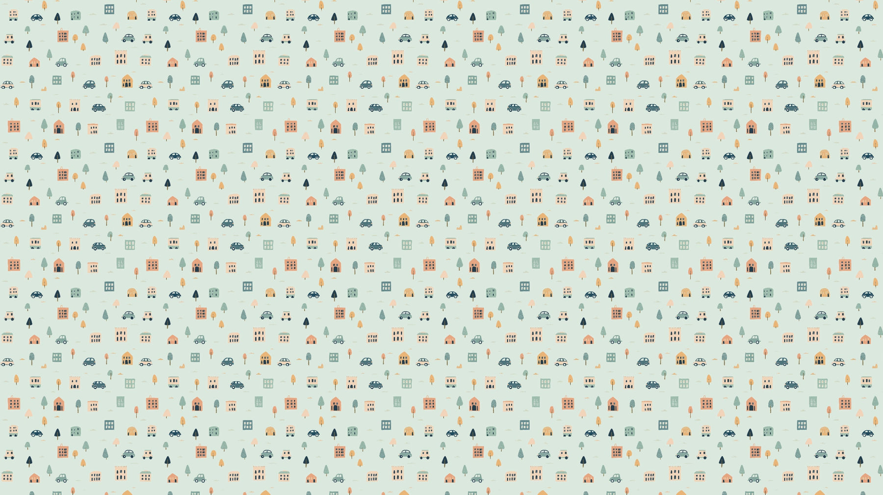 Detailed city pattern mural wallpaper design with houses, cars, and trees by Kids-Mundo