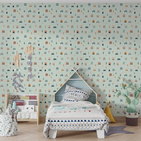 Colorful city mural wallpaper creating imaginative playroom environment for children