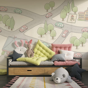 Children's bedroom featuring city road mural wallpaper with cars and urban landscape by Kids-Mundo