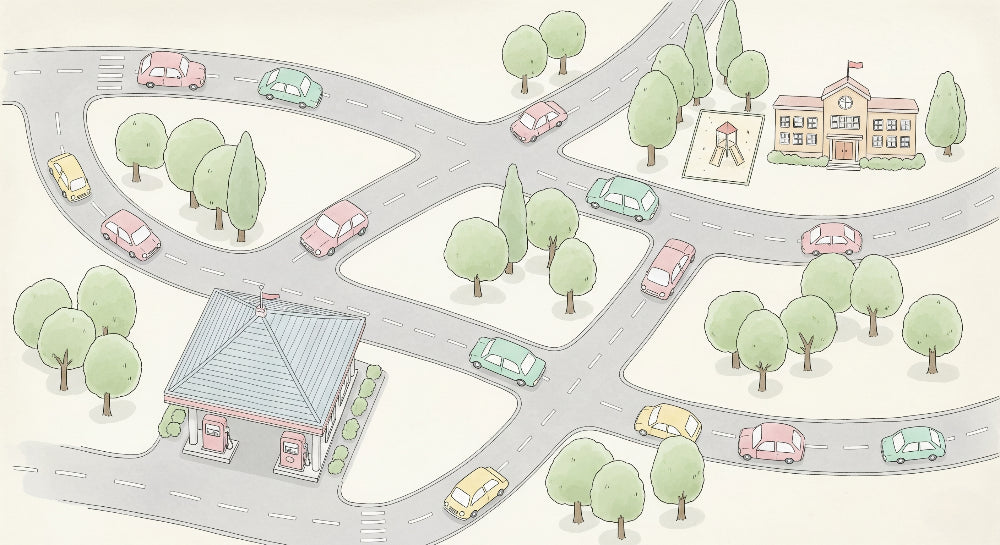 Detailed city road mural wallpaper design pattern showing cars, school and playground by Kids-Mundo