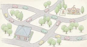 Detailed city road mural wallpaper design pattern showing cars, school and playground by Kids-Mundo