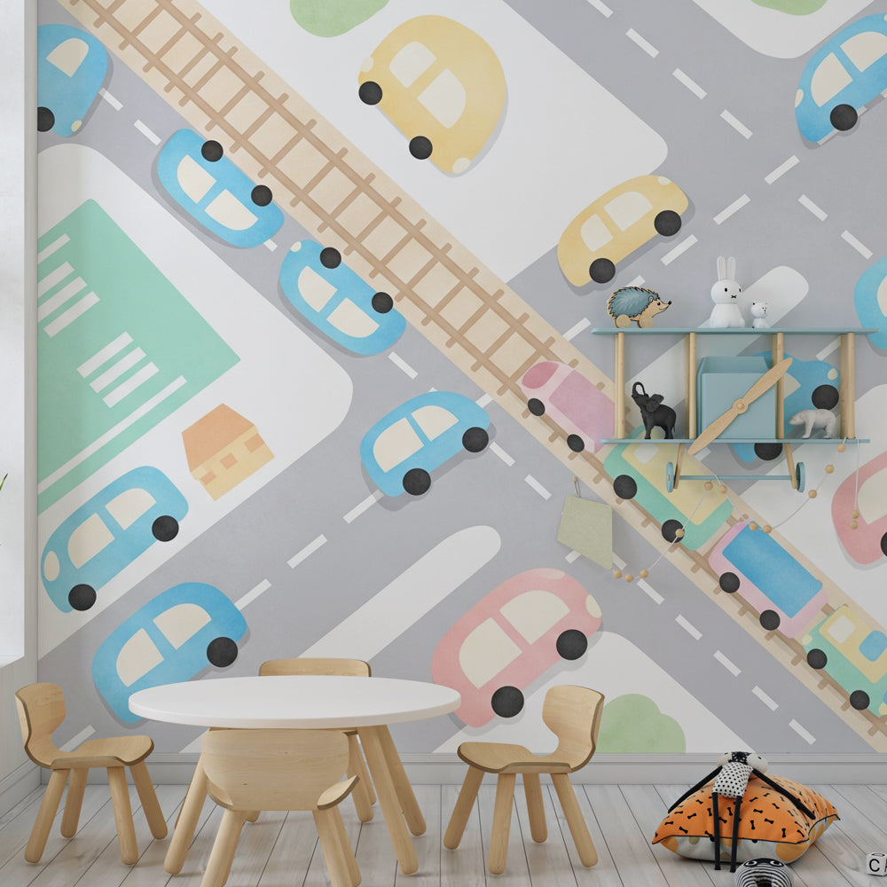Transportation themed wallpaper creating vibrant playroom with animated city scene and airport