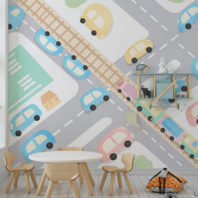 Transportation themed wallpaper creating vibrant playroom with animated city scene and airport
