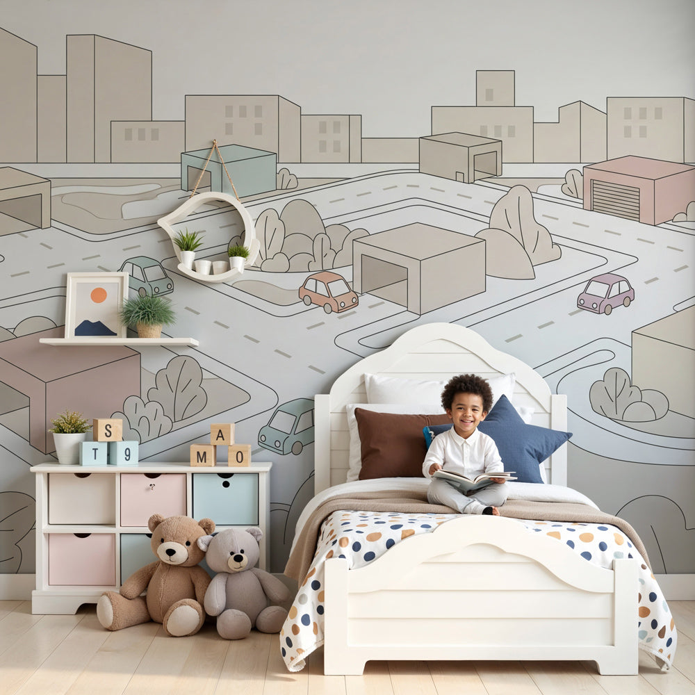 City traffic mural wallpaper in modern nursery with pastel cars and urban landscape by Kids-Mundo