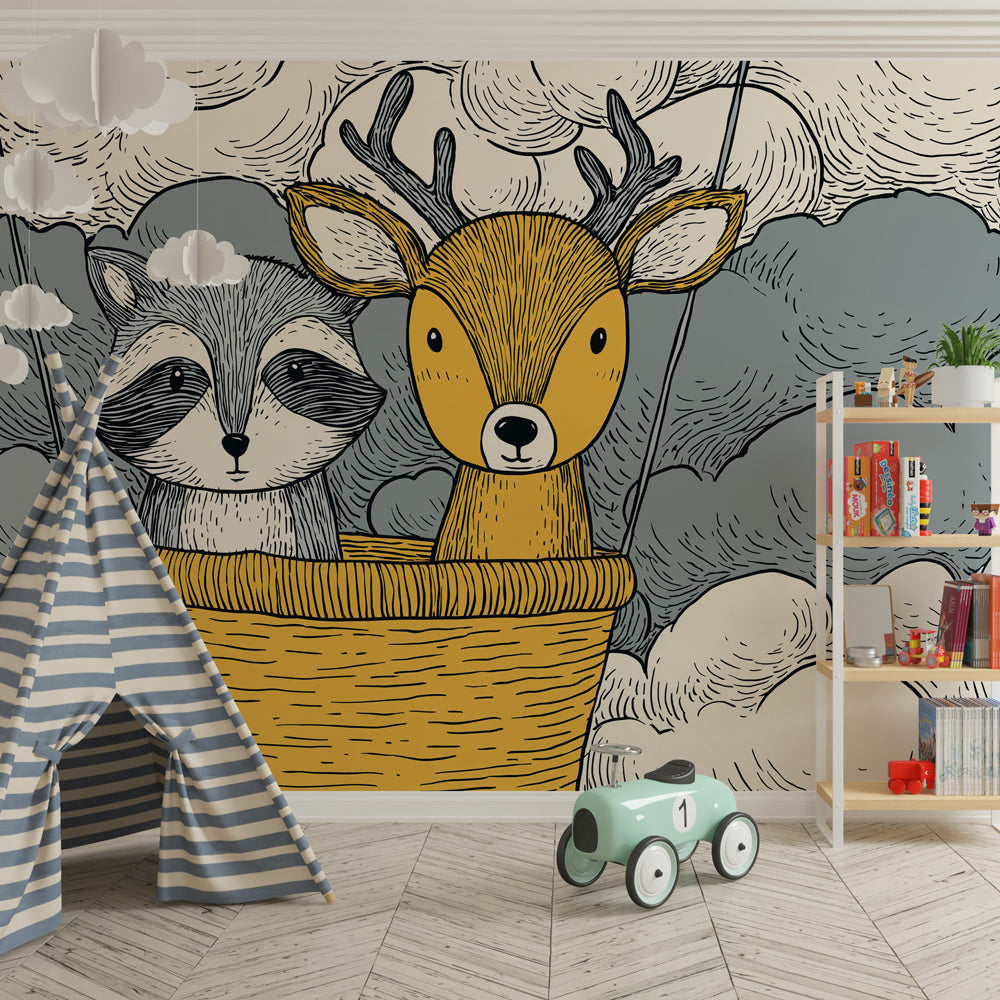 Pastel blue and yellow cloud wallpaper creating dreamy atmosphere in baby bedroom with wooden crib