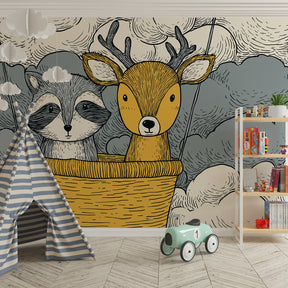 Pastel blue and yellow cloud wallpaper creating dreamy atmosphere in baby bedroom with wooden crib