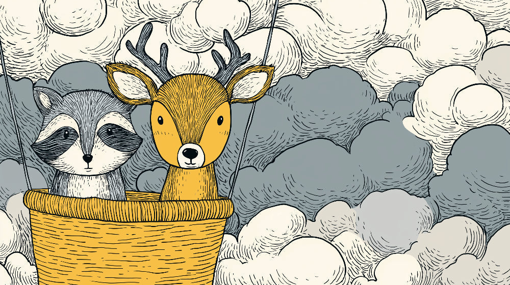 Detailed cloud adventure mural wallpaper design pattern showing raccoon and deer in hot air balloon by Kids-Mundo