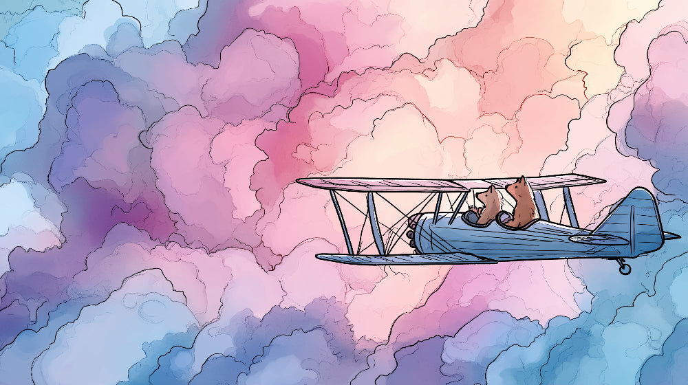 Detailed cloud adventure mural wallpaper design pattern with bears and airplane by Kids-Mundo