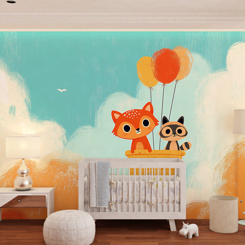 Fox and raccoon hot air balloon wallpaper creating dreamy children's bedroom atmosphere