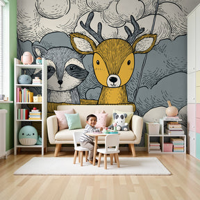 Cloud adventure mural wallpaper with animals in hot air balloon decorating modern baby nursery by Kids-Mundo