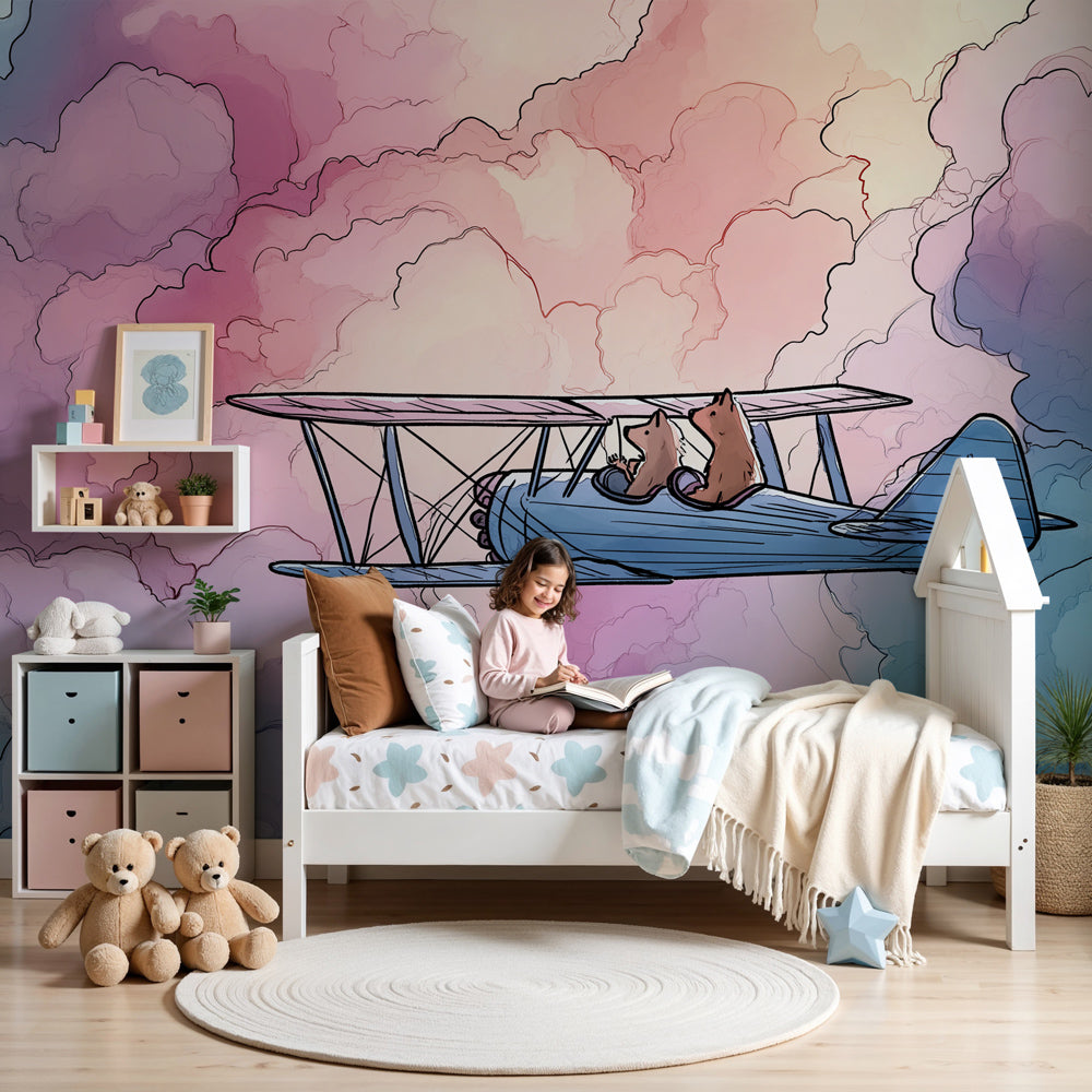 Cloud adventure mural wallpaper with bears flying plane in pastel nursery by Kids-Mundo