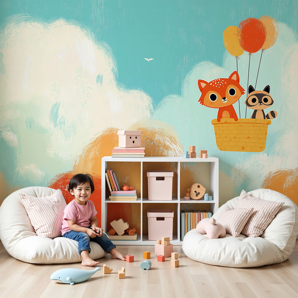 Cloud adventure mural wallpaper with fox and raccoon in nursery room setting by Kids-Mundo