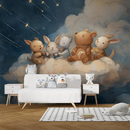 Kids-Mundo cuddly animal wall mural styled in a cosy children's bedroom