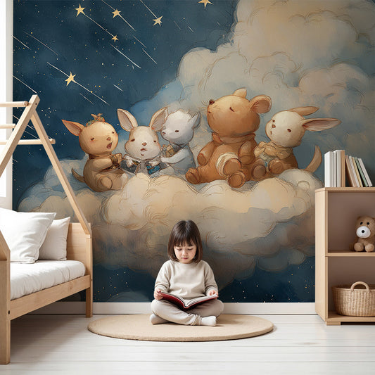 Kids-Mundo cloud animal friends wall mural in a soft baby nursery room