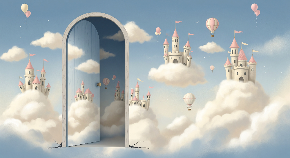 Kids-Mundo flat artwork of an open door revealing pink-roofed castles floating on clouds