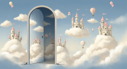 Kids-Mundo flat artwork of an open door revealing pink-roofed castles floating on clouds