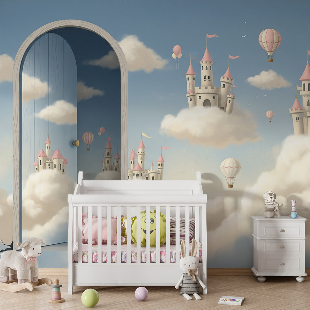 Kids-Mundo fairytale castle doorway wall mural bringing a magical scene to a playroom