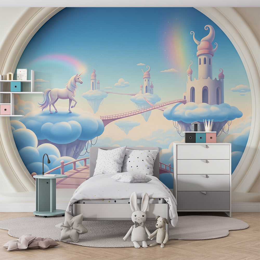 Kids-Mundo unicorn wall mural with floating castles and rainbows shown on a kids bedroom wall.