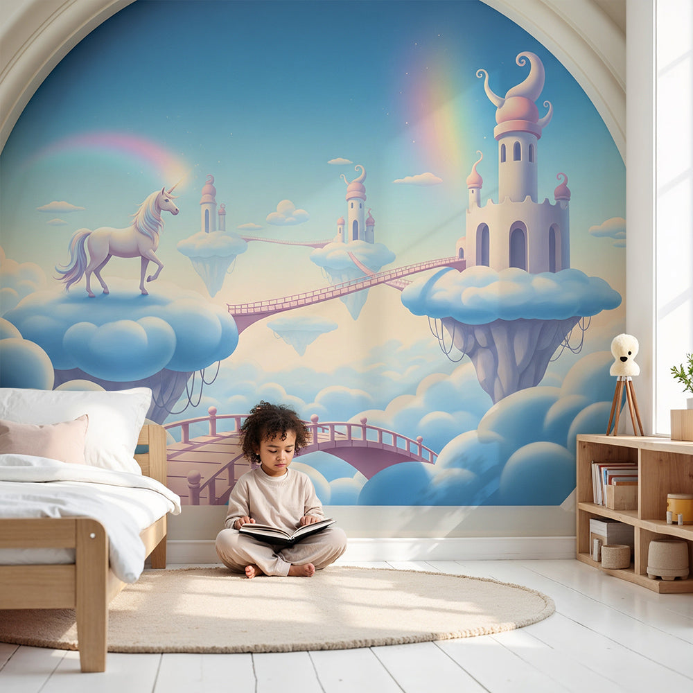Kids-Mundo cloud castle unicorn wall mural mockup styled in a dreamy pastel nursery interior.