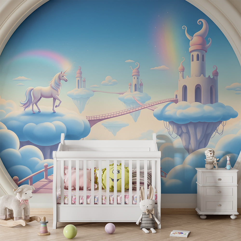 Kids-Mundo cloud castle sky mural mockup displayed on a bright children's playroom wall.