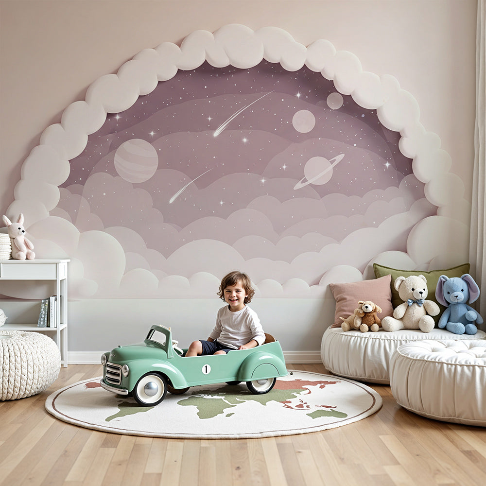 Kids-Mundo cloud-framed starry sky wall mural styled in a soft blush baby nursery
