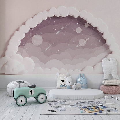 Kids-Mundo cloud frame and shooting star wall mural in a bright children's playroom