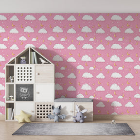 Pink cloud moon wallpaper transforming children's bedroom into peaceful sanctuary