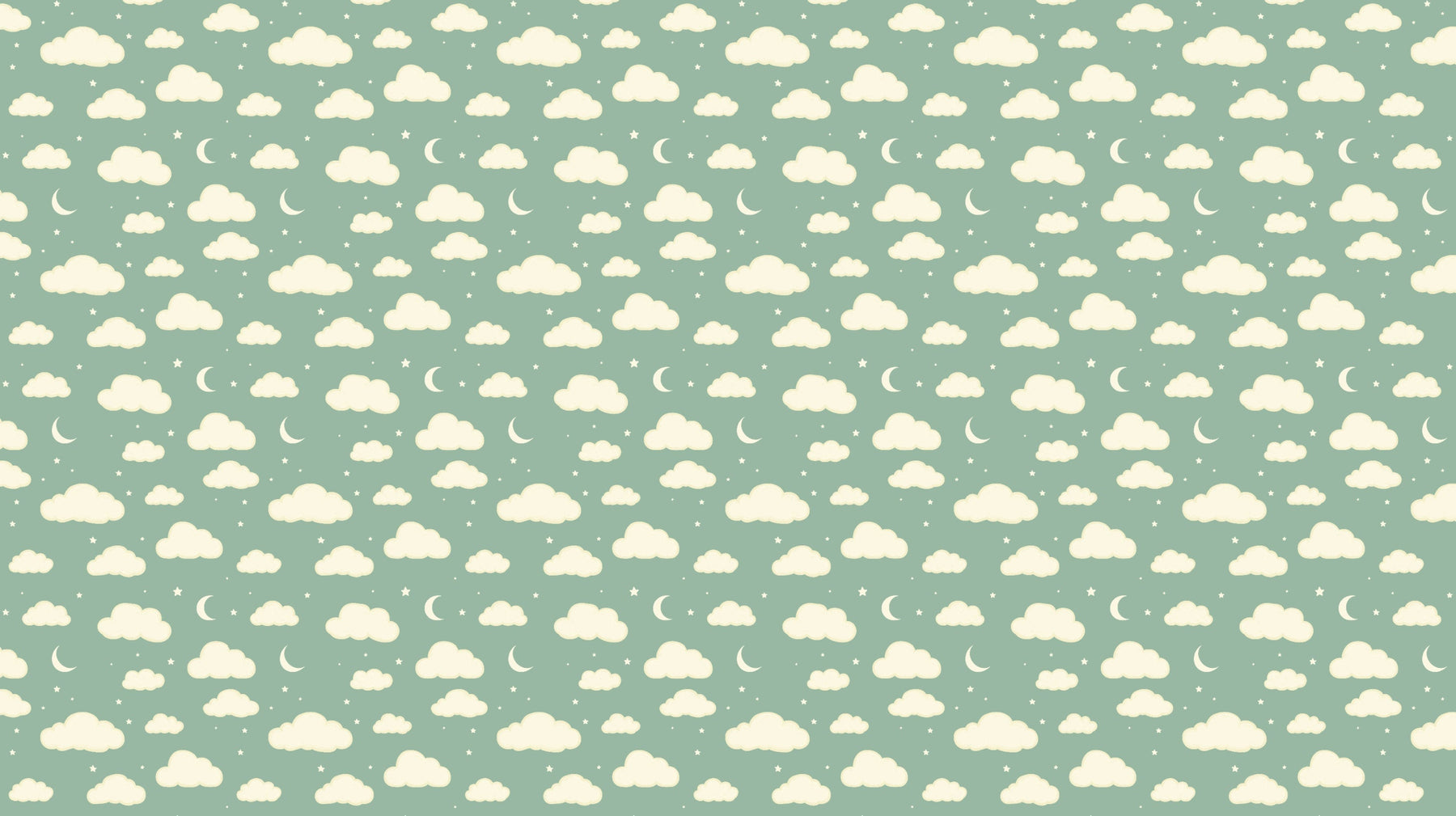 Detailed cloud and moon mural wallpaper design pattern on sage green background by Kids-Mundo