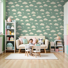 Cloud moon mural wallpaper in sage green creating peaceful nursery atmosphere by Kids-Mundo