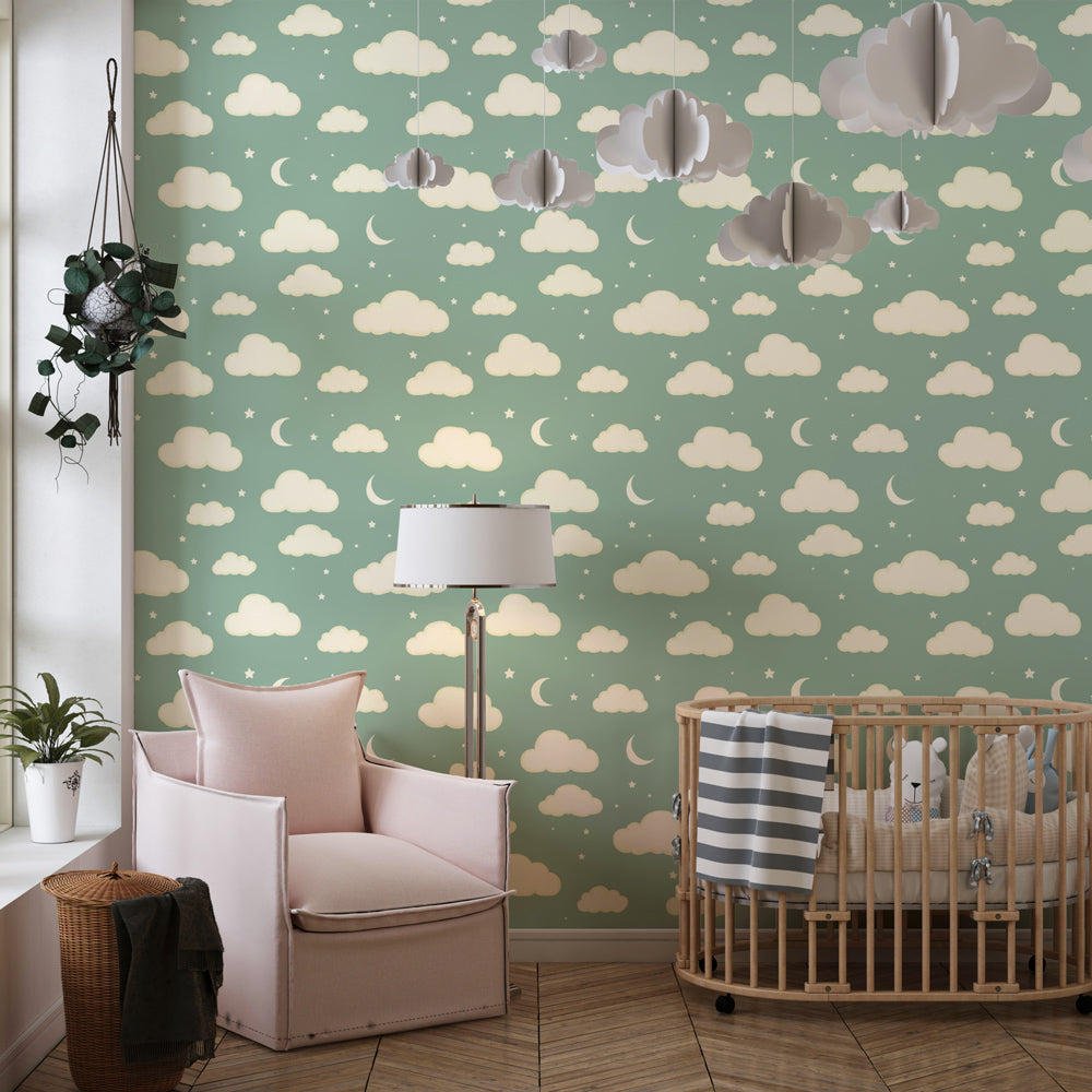 Dreamy cloud and moon wallpaper creating calming sleep environment for children by Kids-Mundo