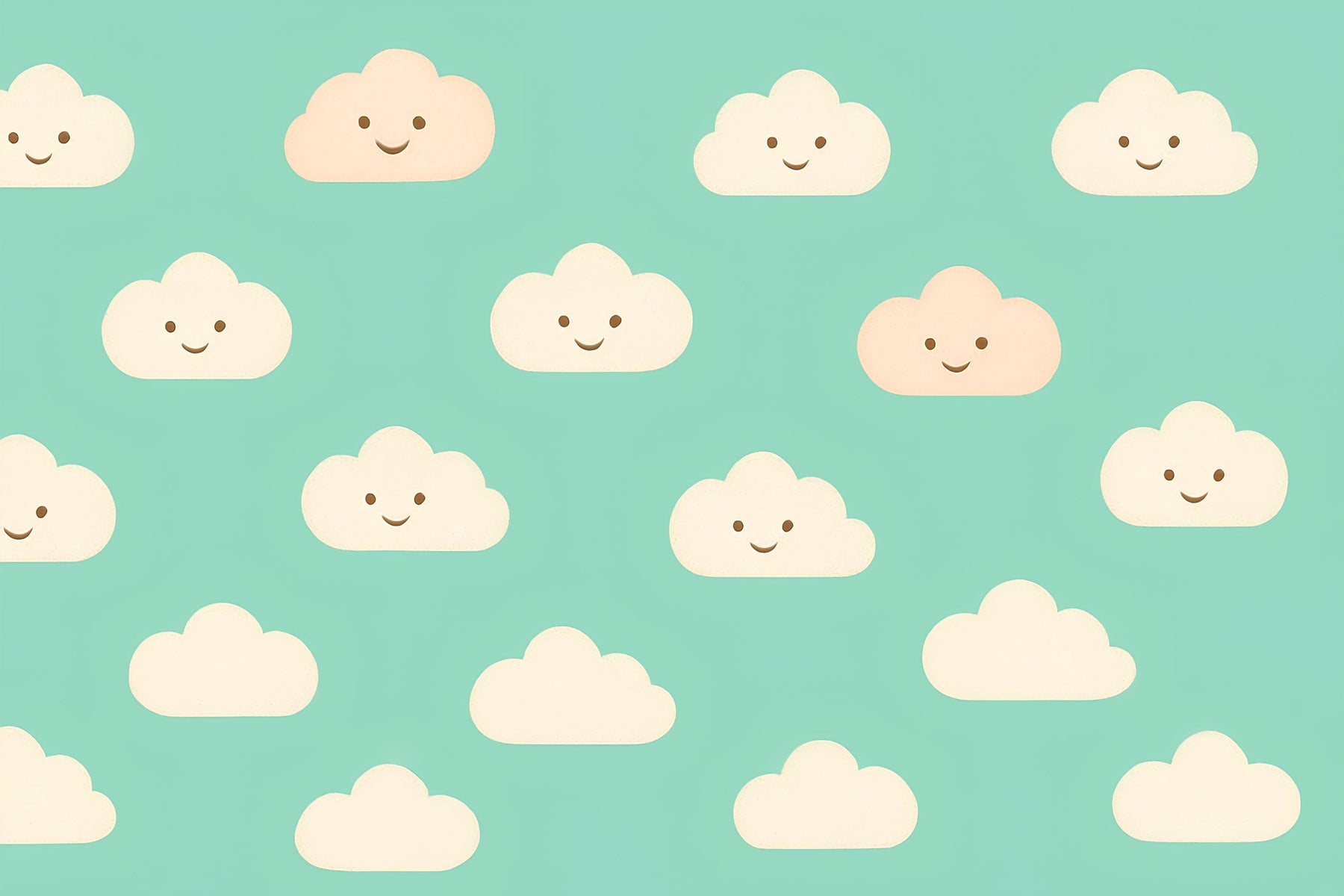 Detailed smiling clouds mural wallpaper design pattern on aqua blue background by Kids-Mundo